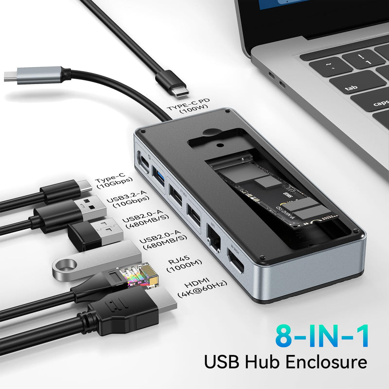 Yottamaster USB C Hub with 4TB M.2 NVMe SSD Enclosure, 8 Ports USB C HUB Adapter 10Gbps USB 3.2 Gen2, 4K@60Hz HDMI, 100W PD, Ethernet for Windows, Mac [Diskless] - YM28PR YM28PR with Ethernet