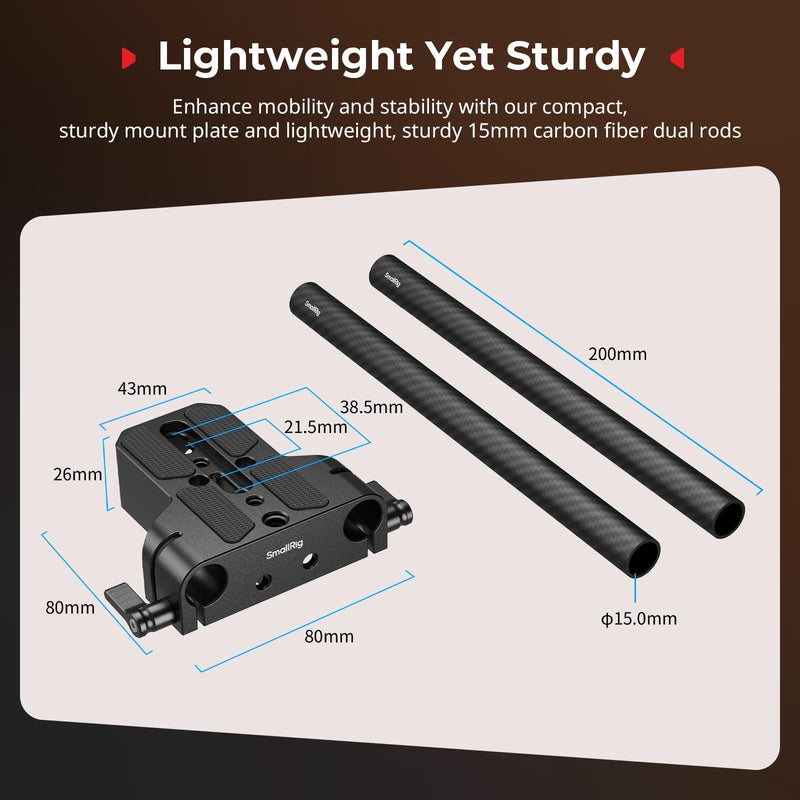 SMALLRIG Camera Base Plate Kit with 15mm LWS Rod Rail Clamp, Carbon Fiber 15mm Rods (8'' / 20cm), for Sony A6500 A6600 A6300, for Canon R5 R6, for Sony A7SIII / A7III, Both for Cameras & Cages - 5609 Base Plate+15mm Rods