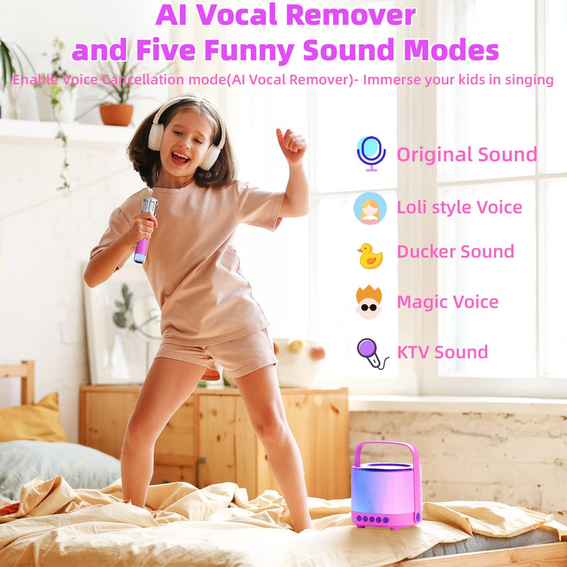 Karaoke Machine for Kids Adults Portable Bluetooth 5.3 Speaker with 2 Wireless Microphones, Five LED Disco Lights Modes, Five Funny Sound Modes, for Girls Boys Home Party-Pink Pink