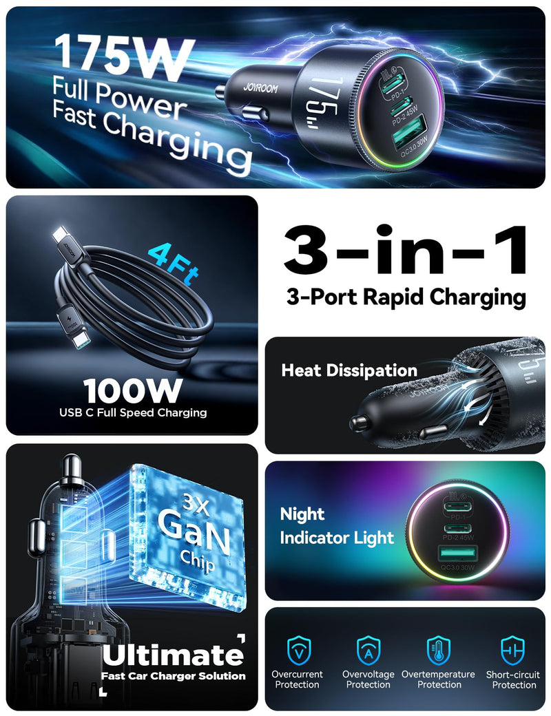 JOYROOM 175W Car Charger USB C Fast Charge, 3-Port Super Fast Car Charger | [GaN] PD100W+PD45W+QC30W, Car Cigarette Lighter USB Charger with 100W USB-C Cable for iPhone, Samsung, Pixel, MacBook, iPad 175W-BLACK