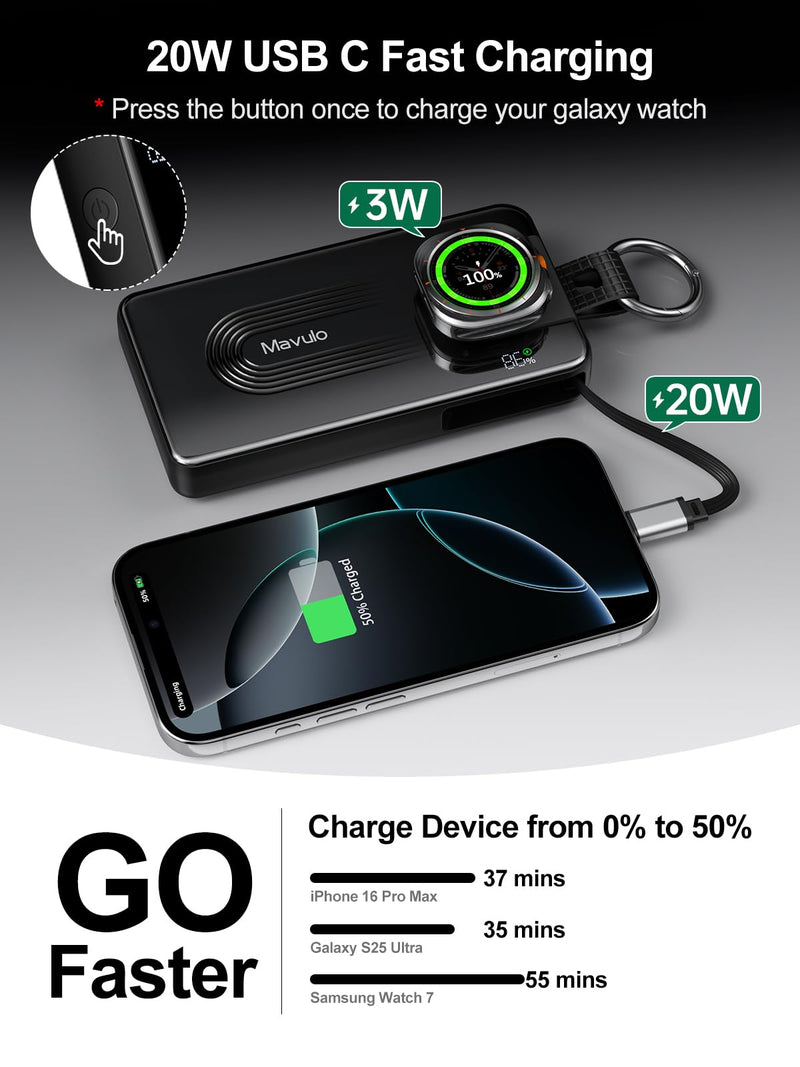 Mavulo Portable Charger for Samsung Galaxy Watch,10000mAh 3 in 1 Power Bank | 20W Fast Charging丨Retractable USB-C Cable丨Keychain Design丨LED display丨Travel Essentials Battery Pack 丨for iPhone 15-17 Series