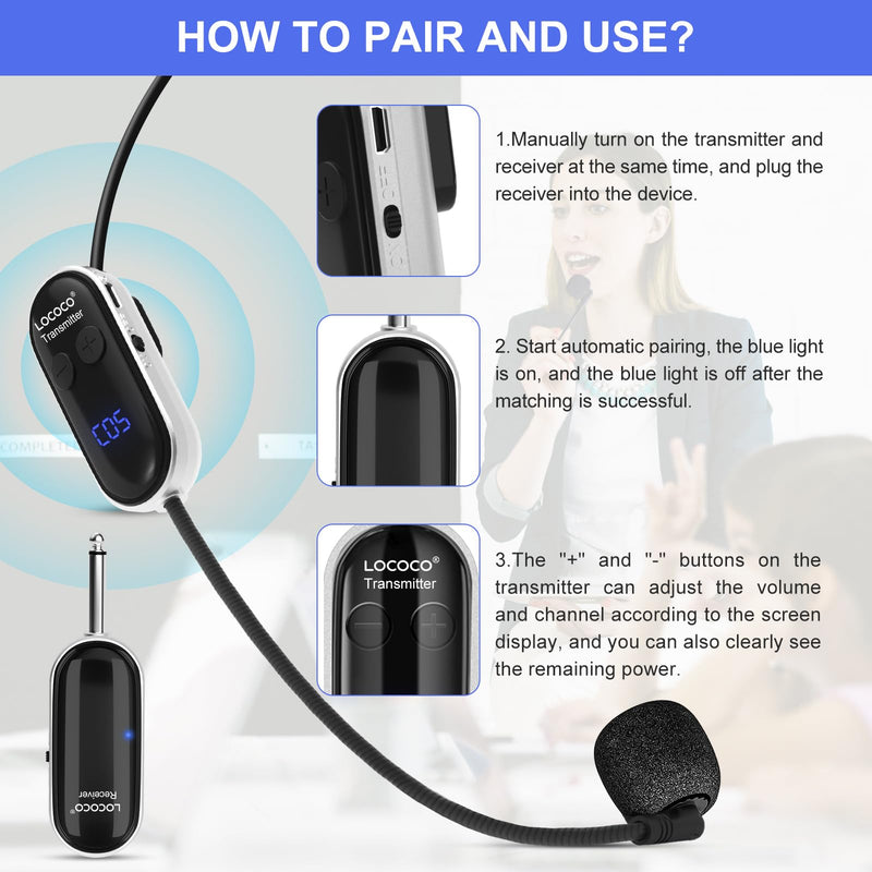 UHF Wireless Headset Microphone System: Mic Headset - LED Digital Display, Head Handheld Mic 2 in 1, Working Time 6H, 165 ft Range Mics for Voice Amplifier, Tour Guide, Teaching, Fitness, PA System Black1