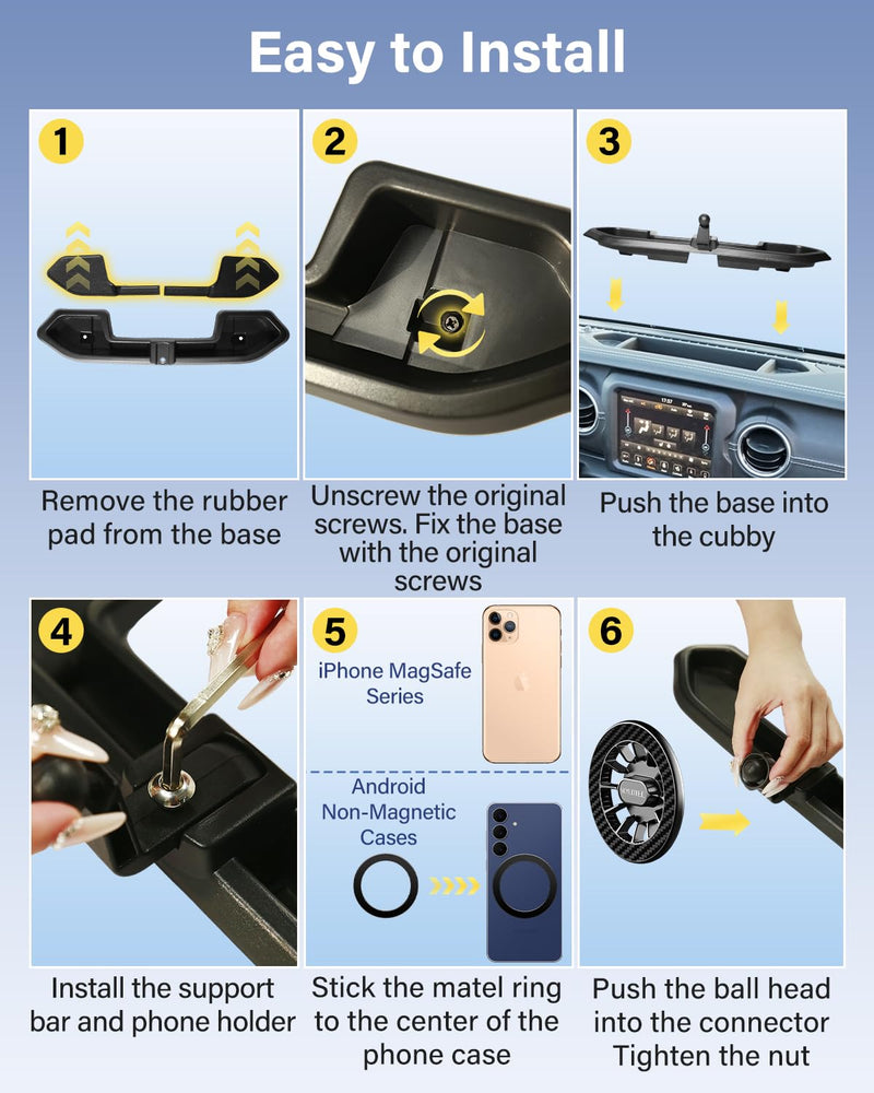 SKYLOTEC Magnetic Phone Mount for Jeep Wrangler JK JKU 2011-2018 | for MagSafe Cell Phone Holder for Wrangler Accessories Dashboard Mount Dash Tray, Car Cradles Magnets for iPhone Samsung Wrangler JK JKU 2011–2018