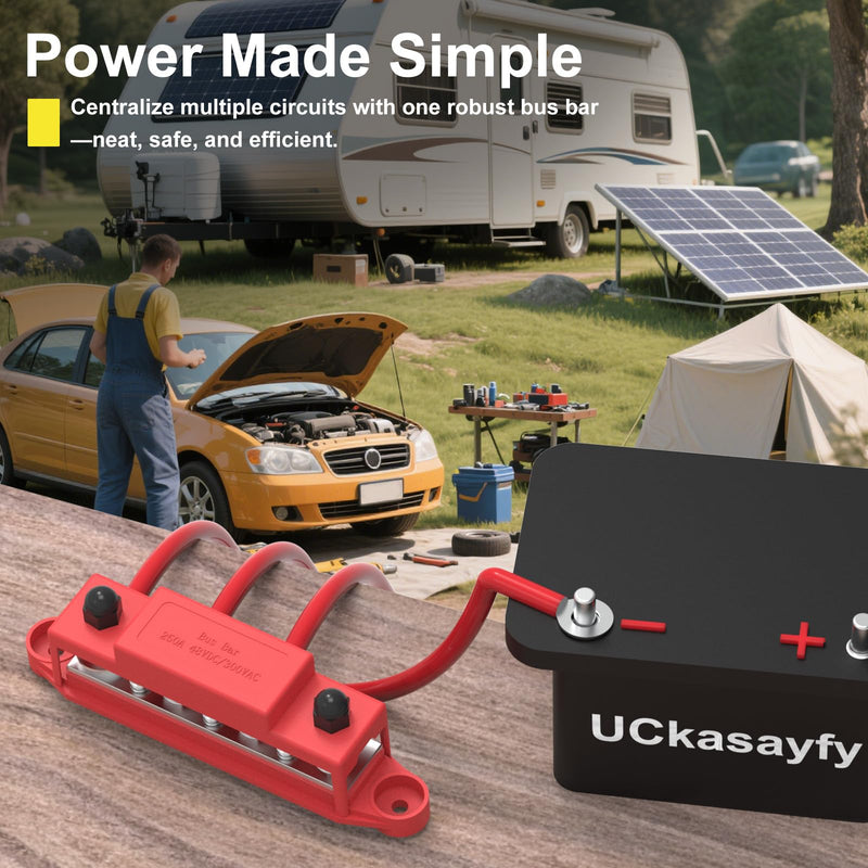 Upgraded Bus Bar 250A 12V Power Distribution Block with 5/16" (M8) 4-Posts Terminals Block with Cover for Automotive, Marine, Battery System (Black & Red) Upgrade250A-5/16''(M8) Black & Red