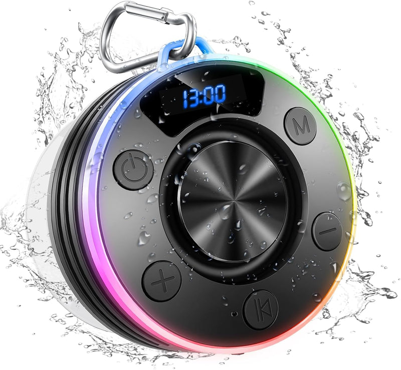 Bluetooth Speaker, Shower Speaker Stereo Sound, IPX7 Waterproof Speakers Bluetooth Wireless with RGB Light, Suction Cup, Hook, Digital Display, Portable Speakers for Gift Bathroom Party Beach, Black