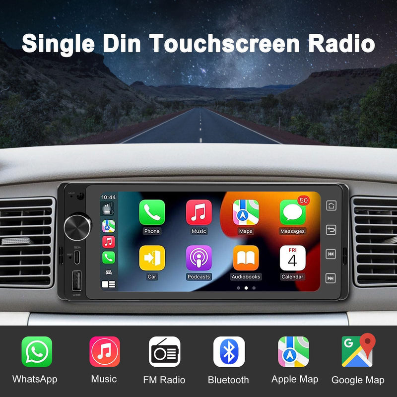 Single Din Touchscreen Radio Wireless/Wired CarPlay & Android Auto, HD IPS Touchscreen Car Stereo Single Din with Bluetooth 5.4, Mirror Link, Volume Knob, FM/SWC/EQ/USB 5.1"