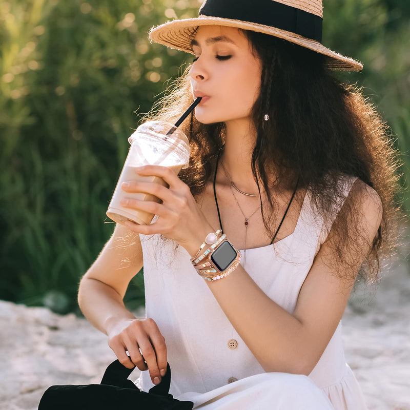Boho Leather Wrap Bands Compatible with Apple Watch Band Bracelet for Women Men 38mm/40mm/41mm Multilayer Apple Watch Strap for Iwatch Band Series 9/8/7/6/5/4/3/2/1/SE Ultra 2