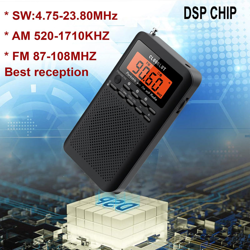 CLOOBLUT Ver Portable Radio FM/AM/SW shortwave Transistor Powered AA Battery, Features Backlit Buttons for Nighttime Use, Clock Alarm Clock Excellent Reception Sound Quality for Walking and Running Black