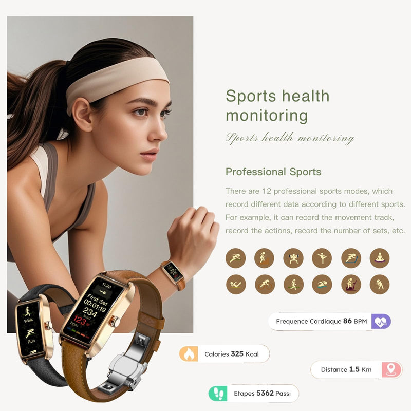 Amoled Laies Smart Watch for Women Smartwatch with Leather Strap Heart Rate Stress Sleep Monitor 12 Sports Modes Fitness Tracker Watch Notifications Music & Camera Control Waterproof iOS Android Blue & Gold