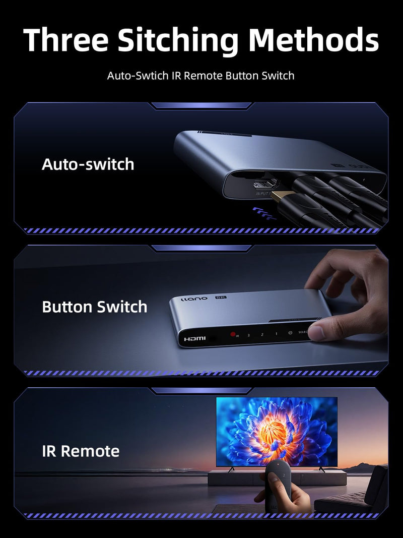 [AUSTRALIA] - llano HDMI 2.1 Switch 3 in 1 Out, 8K@60Hz with Remote, 4K@120Hz/240Hz, VRR, HDR10+, Dolby Atmos, CEC, 48Gbps,HDMI Switcher for PS5, Xbox, Switch, Roku, Fire Stick, Apple TV, Aluminum Alloy Case 