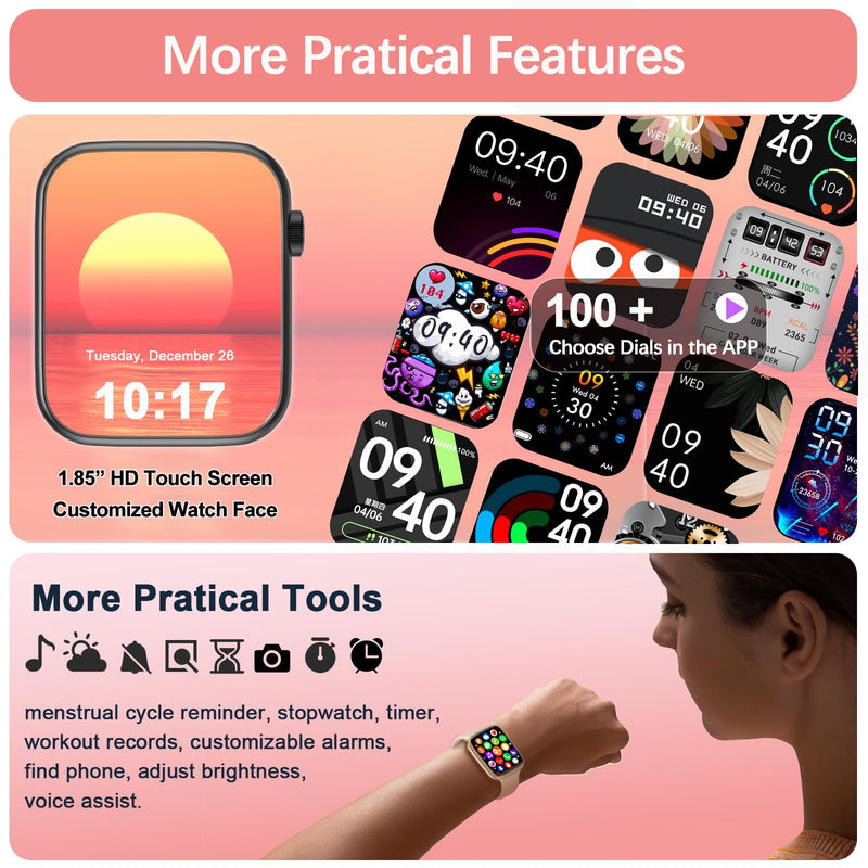 YoYoFit Smart Watch(Answer/Make Call), 1.85" Smartwatch for Women, Fitness Activity Tracker with Heart Rate Blood Oxygen Sleep Monitor Step Calorie Counter for iPhone Android Phones, Pink