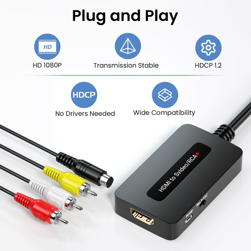 HDMI to S Video RCA Converter, 1080P HDMI to AV Composite S-Video 2 in 1 Converter for DVD/STB/PS3/PS4 to Display on Older TV with Svideo/RCA Inputs(Not Support 4k HDMI)