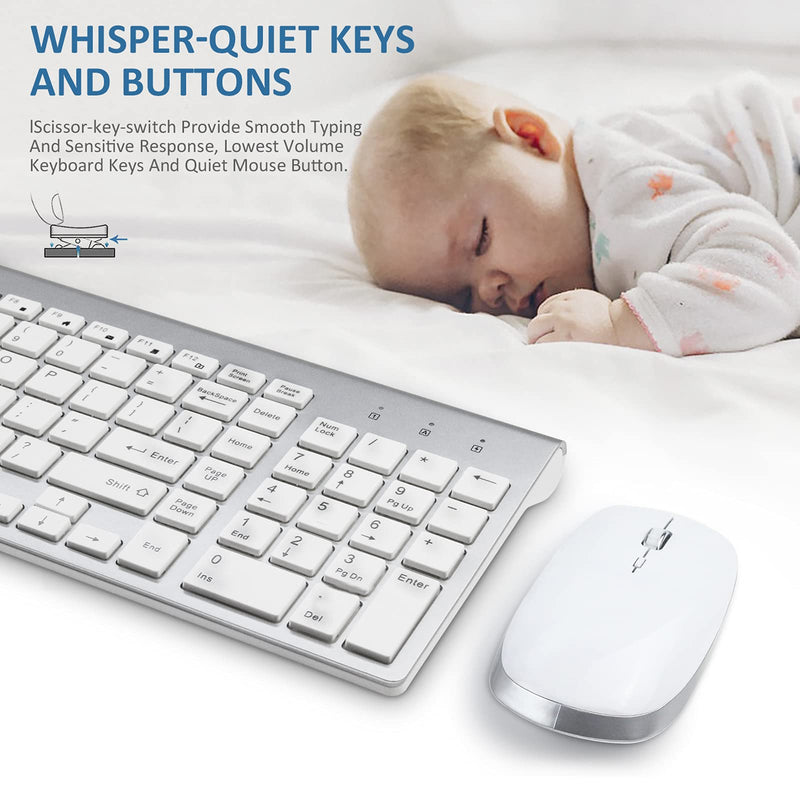 Wireless Keyboard and Mouse - FENIFOX USB Slim 2.4G Wireless Keyboard Mouse Combo Full-Size Ergonomic Compact with Number Pad for Laptop PC Computer Windows mac- Silver White