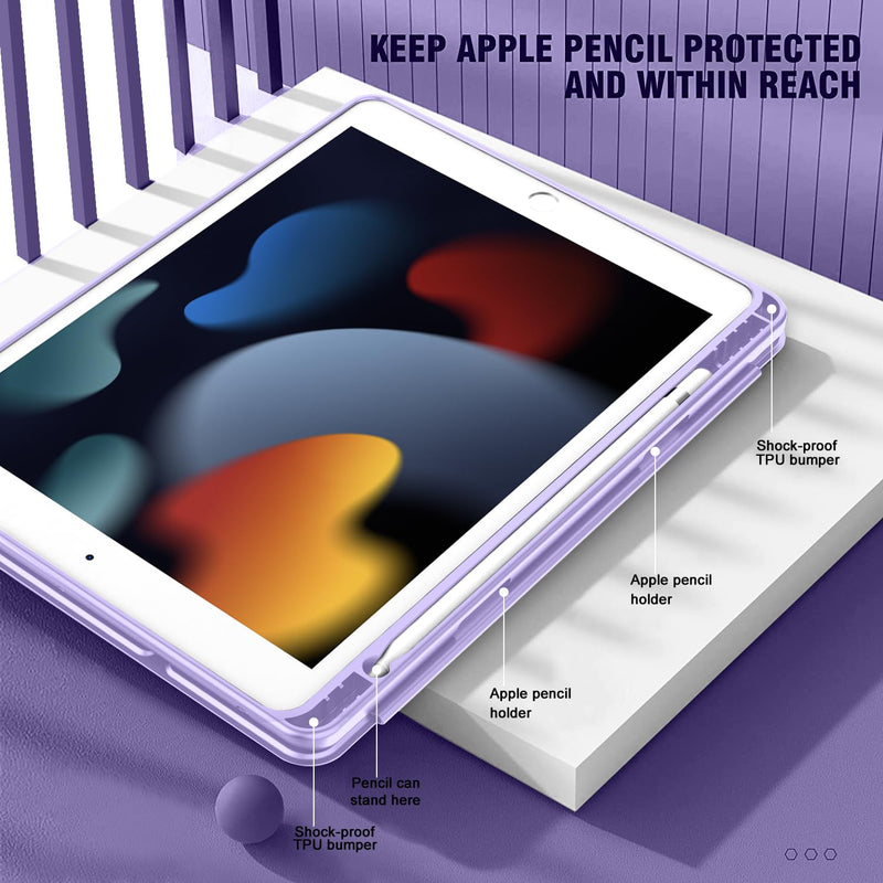 iPad 9th Generation Case 2021/iPad 8th Generation Case 2020 10.2 Inch with Pencil Holder, iPad 7th Gen 2019 Case with Clear Transparent Back, Auto Wake/Sleep Cover(Clove Purple) Clove Purple