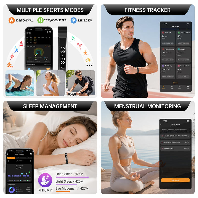 Smart Bracelet for Women Men Fitness Health Tracker with Heart Rate Sleep | 2 Bands 5ATM Waterproof Smartband with Multi-Sport Modes, Step Pedometer Black Steel + Black Magnetic