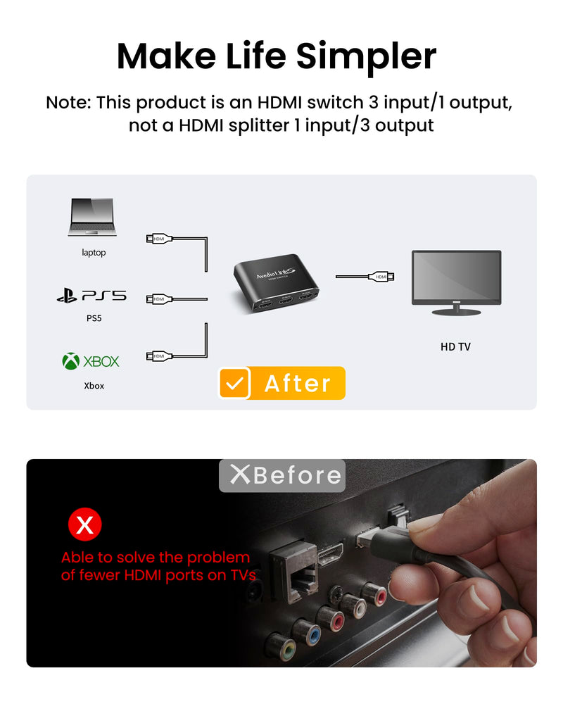 [AUSTRALIA] - HDMI Switch 3-Port 4K@60Hz Aluminum Alloy[with 4FT HDMI 2.0 Cable], avedio links 4K HDMI Switcher, 3 Way HDMI Selector Switch, HDMI Switch 3 in 1 Out Support HDCP 2.2, HDR 10, for PS5, PS4 (Black) Aluminum Alloy 4K@60Hz 3x1 Black 