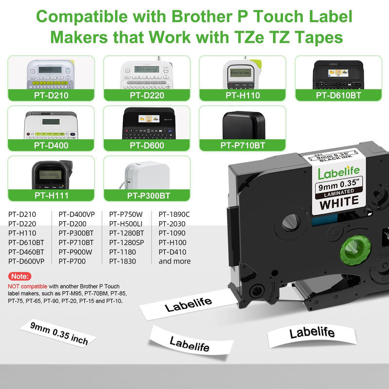 [AUSTRALIA] - Labelife 5-Pack TZe-221 Label Tape TZe TZ Tape 9mm 0.35 Laminated White Label Tape Replace for Brother P Touch 9mm Label Maker Tape TZe221 for Brother PT-D210 PT-D220 PT-D200 PT-H110 PT-D400 PT-D610BT 9mm 0.35 inch 