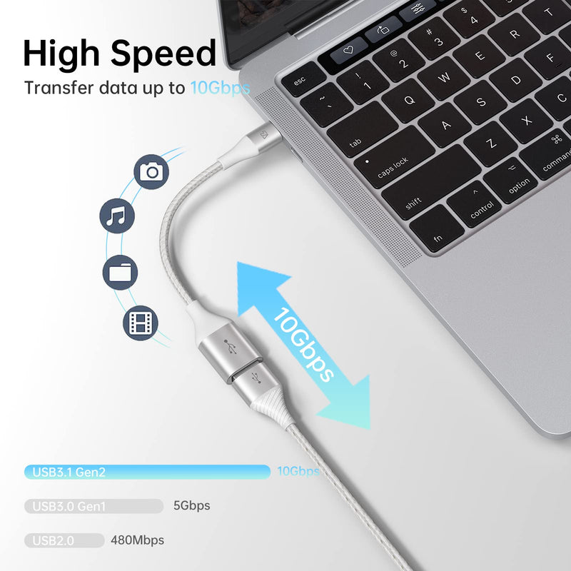 Teleadapt Type C to USB Adapter, 10Gbps USB C to USB A Adapter for Galaxy S20/S10/S9, USB C to USB OTG Cable, USB C Male to USB 3.1 Female OTG Adapter Compatible for New MacBook Pro, iPad Air 2020 White Silver