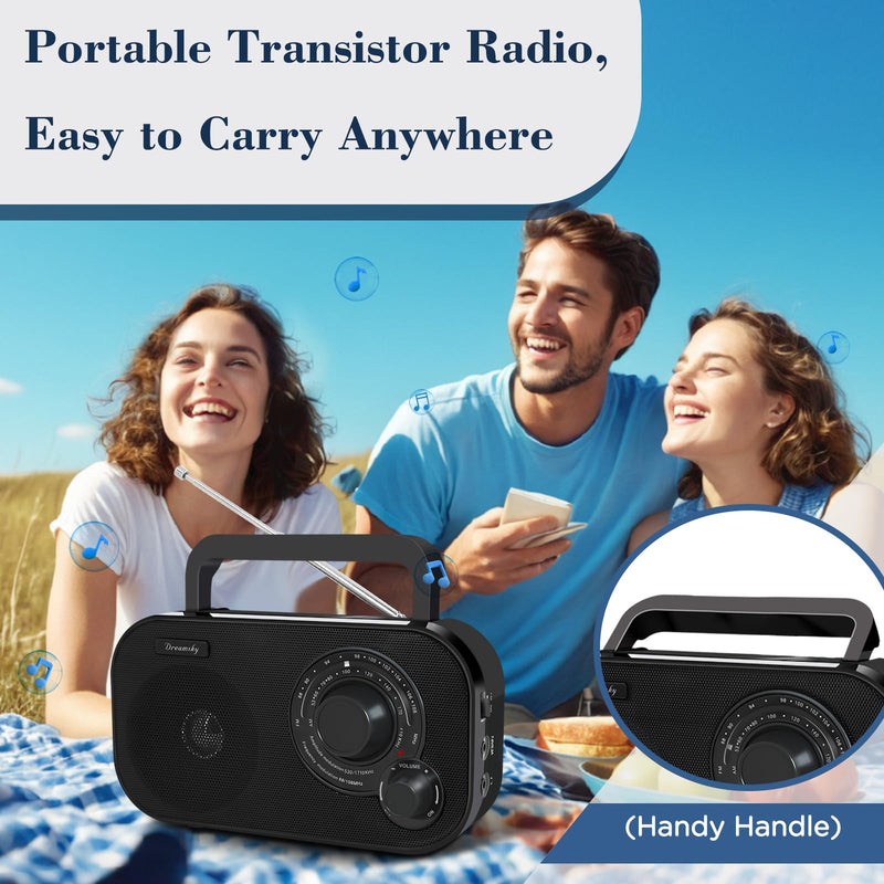 [AUSTRALIA] - DreamSky AM FM Portable Radio Plug in Wall or Battery Operated for Home & Outdoor, Strong Reception, Large Dial Easy to Use, Transistor Antenna, Headphone Jack, Small Gifts for Seniors Elderly Black 
