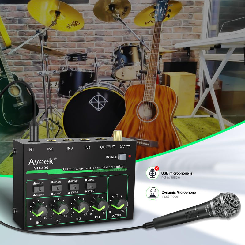 Aveek 4 Channel Mixer - Mini 4 Stereo Audio Mixer, Low-Noise for Precision Sub-Mixing,1/4" TRS Input/Output Ideal for Mics/Guitars/Bass/Stage - 3 x 4.4 x 1.3 inches