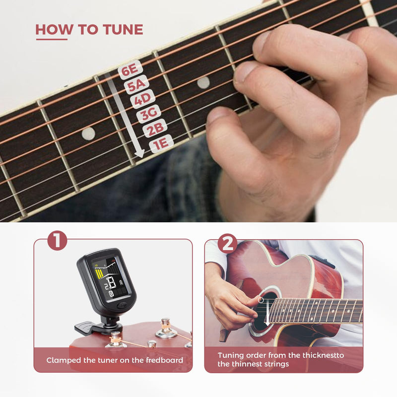 41PCS Guitar Picks Rechargeable Guitar Tuner Clip on Chromatic Digital Tuner Acoustic Guitar Accessories Kit for Guitars Violin, Ukulele, Bass