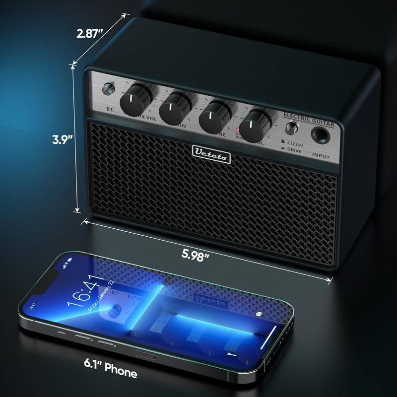 Ueteto 10W Mini Guitar Amp, Portable and Rechargeable Electric Guitar Practice Amplifier with Clean and Drive Channels Black