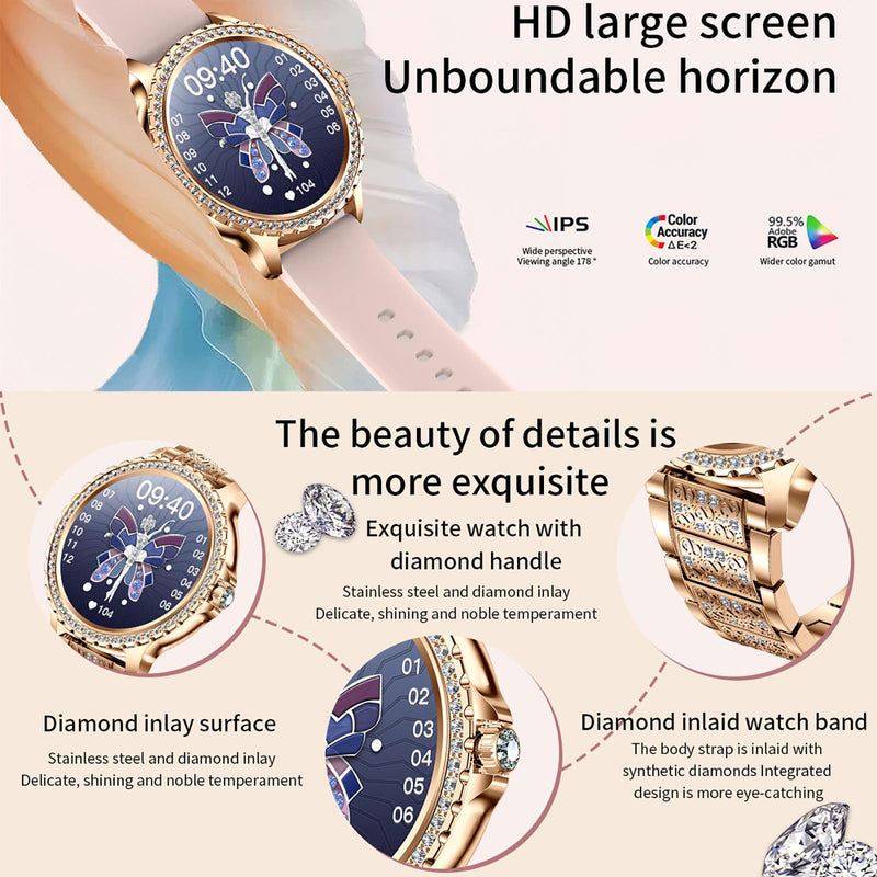 Yihou Luxury Gold Smart Watches for Women, Diamond Round Designer Fitness Tracker Smartwatch for Android iOS Phones with Make/Answer Call Sleep Monitor