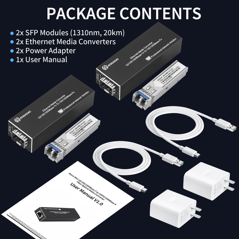 A Pair Mini Gigabit Single Mode Fiber Media Converter, PoE Powered | With 2 PCS 1.25G SFP LX Transceiver Modules, Fiber to Ethernet Converter, Gigabit RJ45 to SFP Slot, 1310nm, SMF, up to 20KM x2 Sfp to Rj45+20KM LC Dual Port SMF