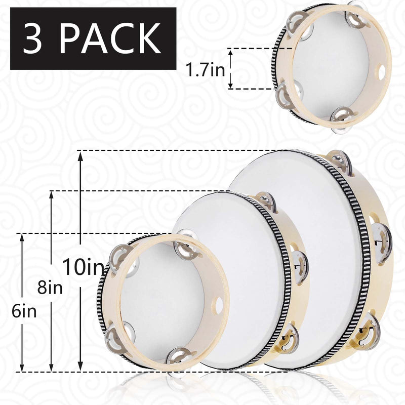 [AUSTRALIA] - 3PCS Handheld Tambourine, 3 Packs tamborines 6”8”10”Tambourine For Adults Wooden Tambourines Drum Percussion, Tambourine Gift Musical Educational Metal Jingles Church KTV Party Music Therapy White 