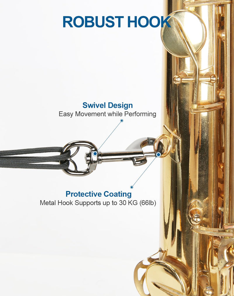 Saxophone Neck Strap with Adjustable Length, Ergonomic Soft Pads & Design - Robust Soprano, Tenor, Alto Saxophone Strap with Metal Adjuster & Swivel Hook, Perfect Saxophone Accessories Gift