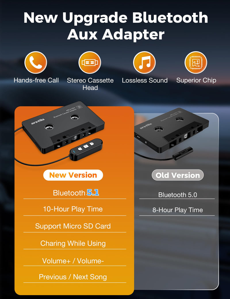 Arsvita Car Audio Bluetooth Cassette Receiver, Bluetooth 5.0 Cassette to Aux Adapter for car, Tape Audio Adapter, Support Micro SD Card, Hands-Free Call, Black