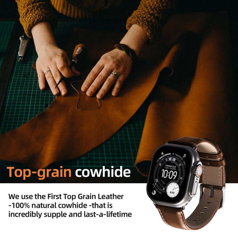 BESTSURE Leather Band Compatible with Apple Watch for Men and Women, Classic Genuine Leather Watch Strap, Fits Ultra/SE/Series 11–3(49/46/45/44/42mm) Brown 42mm/44mm/45mm/46mm/49mm