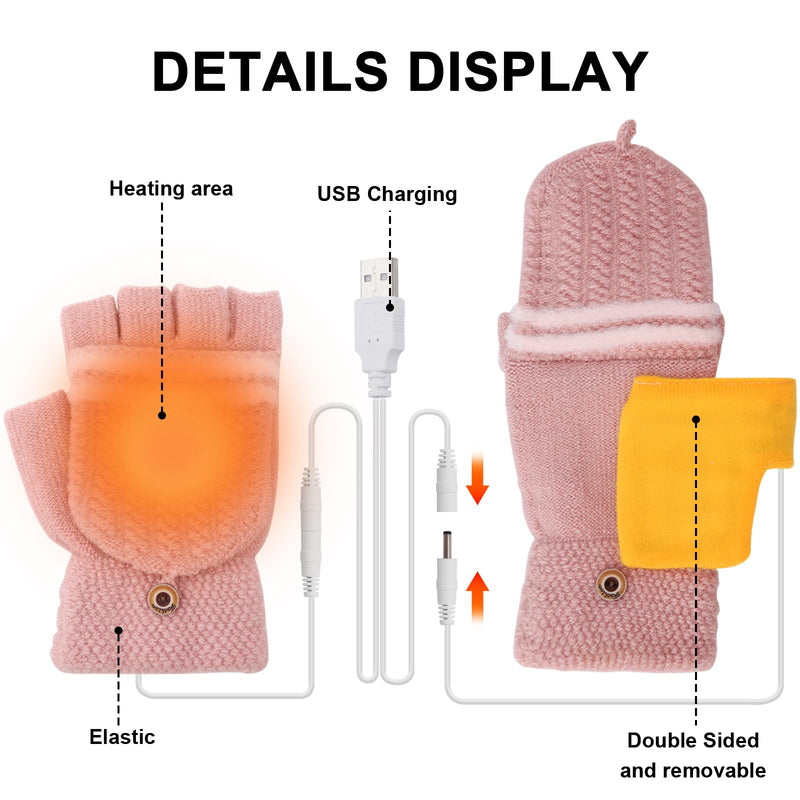 Mens Womens USB Heated Gloves Mitten USB Hands Warmer Laptop Gloves Full& Half Fingerless Winter Warm Heating Gloves Women Pink - 3
