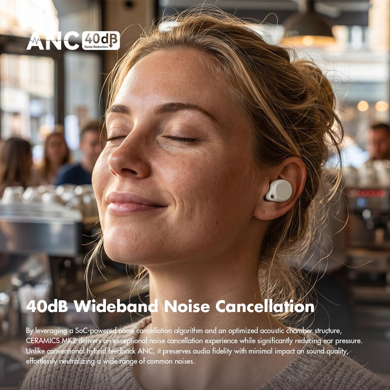 ROSESELSA Ceramics MK2 True Wireless Earbuds, Up to 40dB Noise Cancellation | Bluetooth 6.0, Hi-Res LDAC, IPX4 Sweat Resistant, 45H Playtime, HD Mics, Game Mode, Multipoint Connection, Night