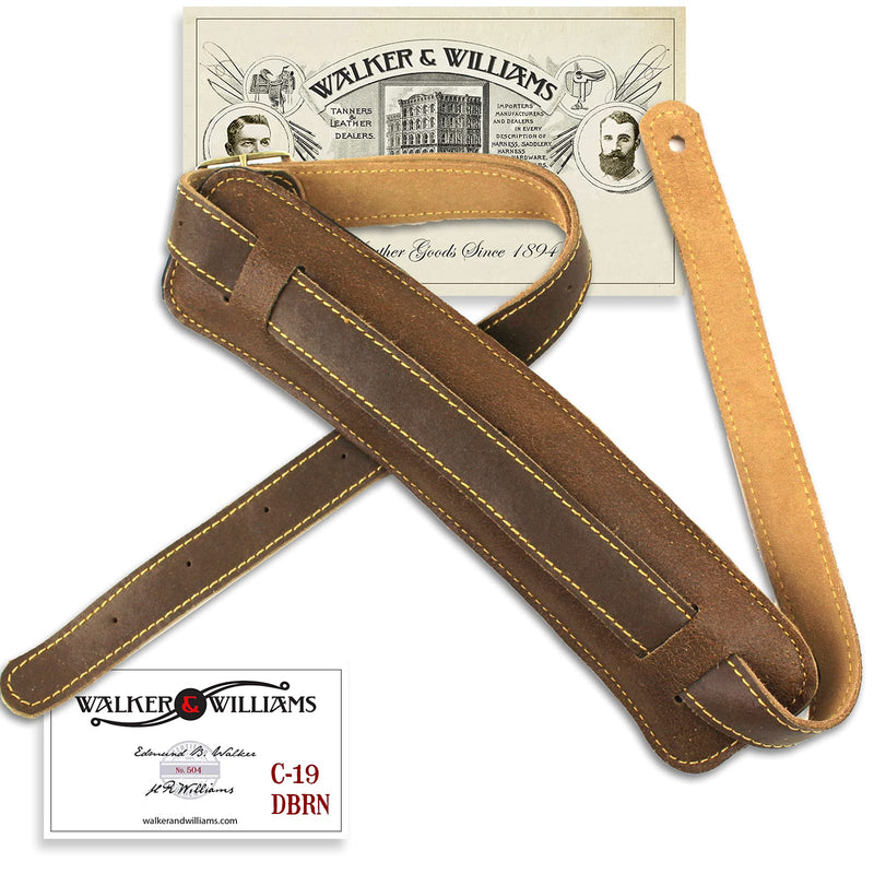 Walker And Williams C-19-DBRN Distressed Brown Finish Premium Soft Grain Leather Vintage Slash Guitar Strap Extra Long For Acoustic, Electric, And Bass Guitars