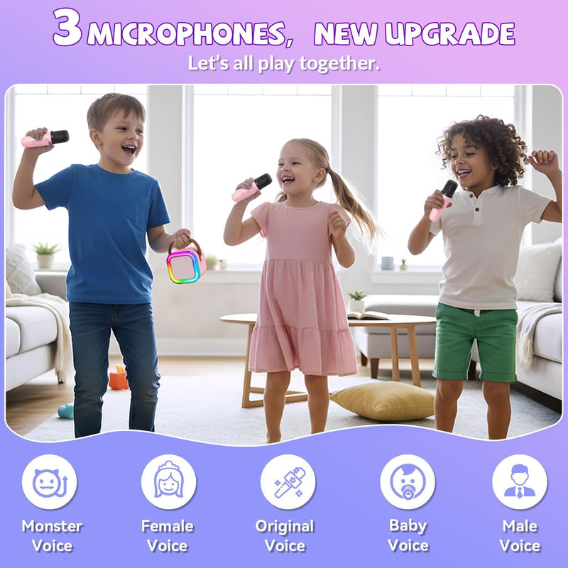 Upgraded Mini Karaoke Machine with 3 Wireless Microphones for Kids Girls Boys - Karaoke Party Speaker Christmas Birthday Gifts for 4 5 6 7 8 9 10 11+ Year Old - Kids' Instrument Accessories - Pink 3MIC-PINK