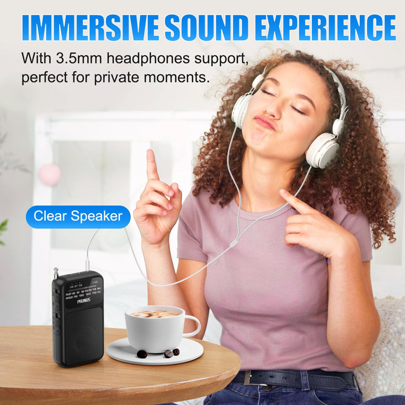 J-555 Pocket Radio AM FM USB-C Charging& Battery Operated, Excellent Reception& Clear Speaker and Headphone Jack, Back Clip, Flashlight, Transistor Radio, Portable Radio AM FM, Mini Radio Black