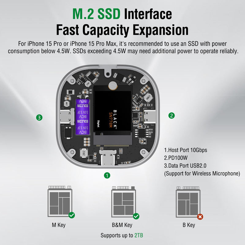 4smarts Magnetic M.2 2230 NVMe SSD Enclosure 3C with Kickstand, Extra USB-C 2.0 Port, Up to 2TB Storage, USB-C 3.2 Gen 2 10Gbps, 100W PD, MagSafe Compatible Aluminium Case for iPhone, MacBook, iPad