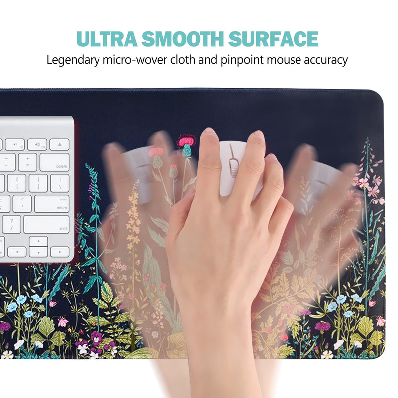 AIMSA Extended Gaming Mouse Pad, XL Large Keyboard Mouse Mat Desk Pad with Stitched Edges, Durable Non-Slip Base Mousepad for Home Office Work, 35x15.7inch ,Flowers Plants Flowers Plants