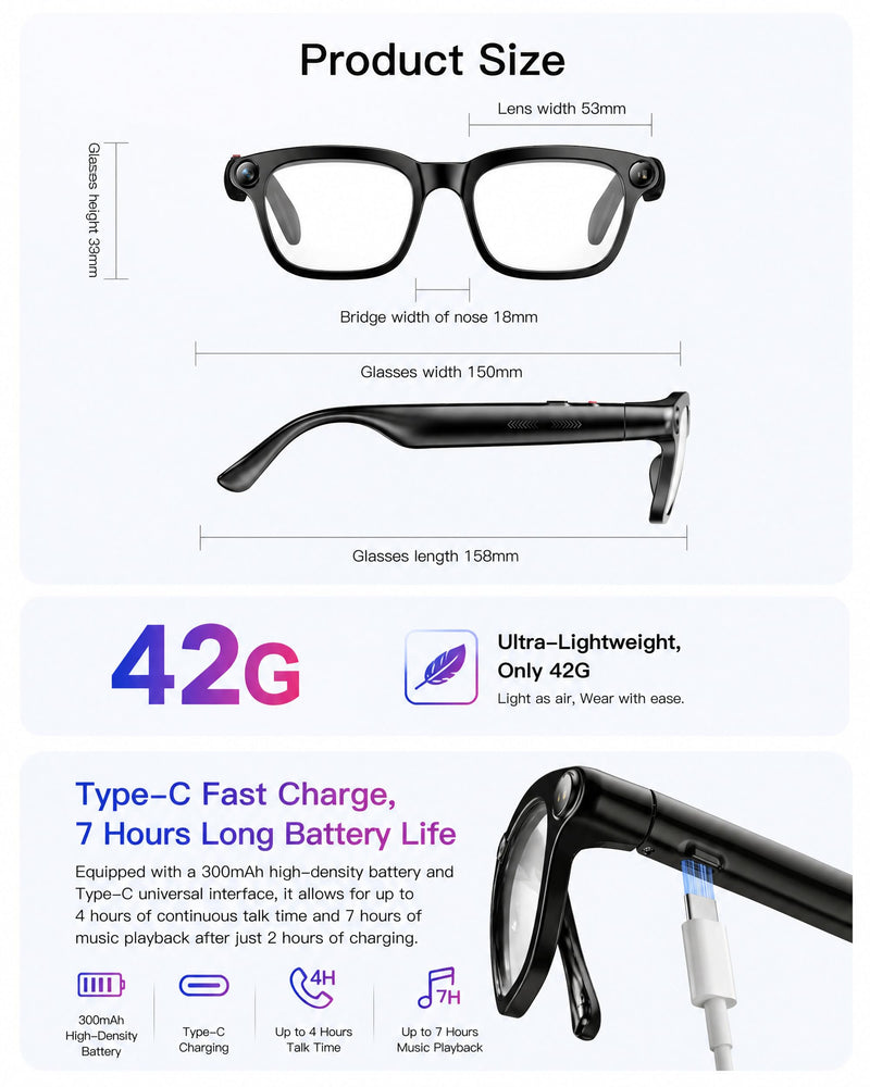 AI Smart Glasses With Camera, 1080P Video HD for Travel, Meetings & Vlog | 8MP Camera Glasses, AI Voice, Real-Time Translation, Photochromic Lenses, IP65, Bluetooth Audio