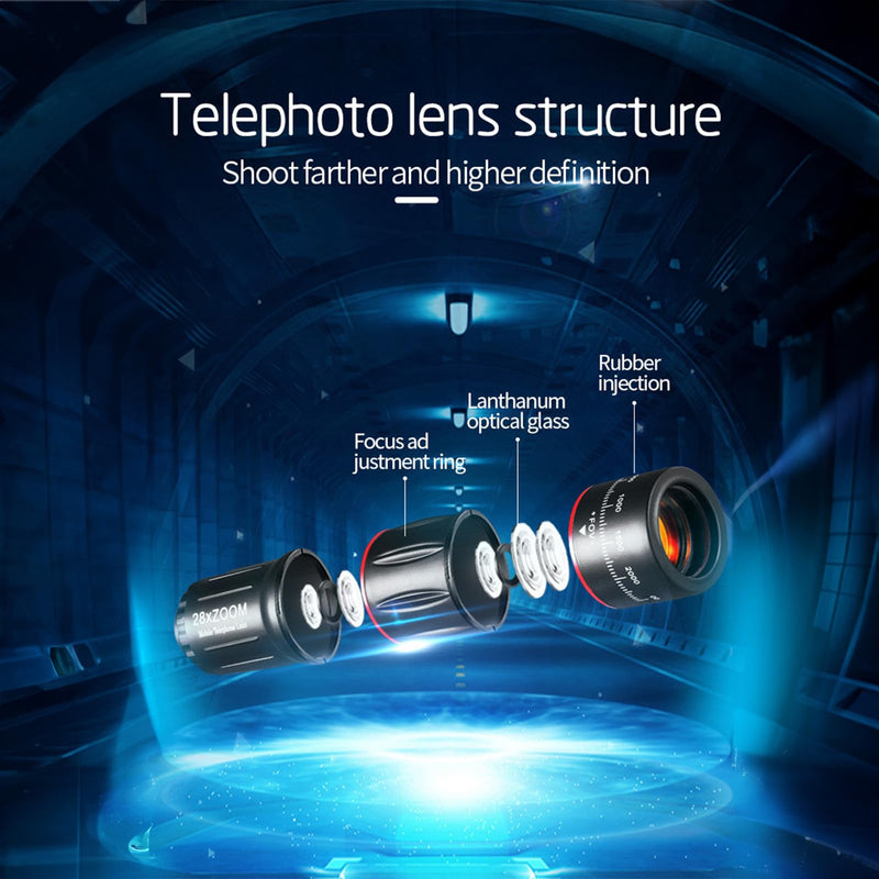 [AUSTRALIA] - 28x Optical Zoom HD Phone Camera Lens 5 in 1 Kit for iPhone and Android with Tripod + Telephone Zoom Lens + Lens Cover + Clips, Support Hand-held, Eye View, Spot Shooting, 4K HD Telephoto 