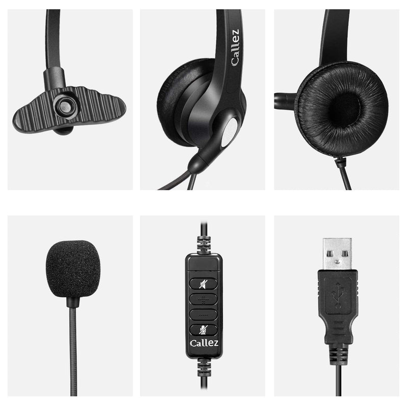 Callez USB Headset with Microphone Noise Cancelling & Audio Controls, Wideband Computer Headphones for Business UC Skype Lync Softphone Call Center Office, Clearer Voice, Super Light, Ultra Comfort Black