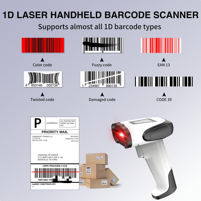 Laser Wireless Handheld Barcode Reader with Stand Bluetooth & 2.4Ghz and USB Wired 3 in 1 Working 1800mAh for Computer POS, Handheld 1D Bar Code Reader for Warehouse Library Supermarket B