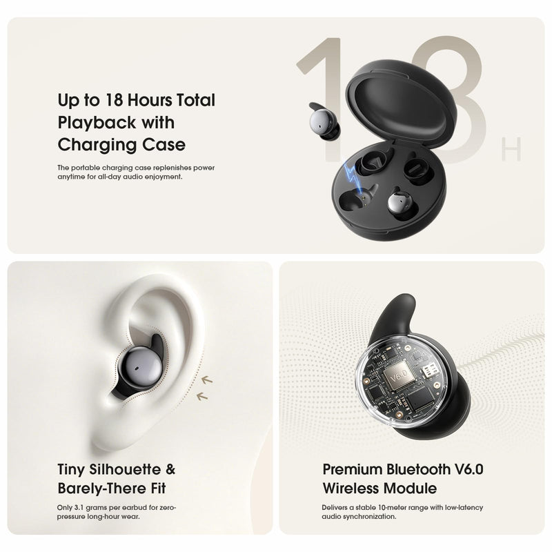 NE90 Wireless Sleep Earbuds for Side Sleepers – Smart Touchscreen Case with Built-in White Noise & AI Translation 164 Languages, Comfort Invisible Design, Sleep Timer Black