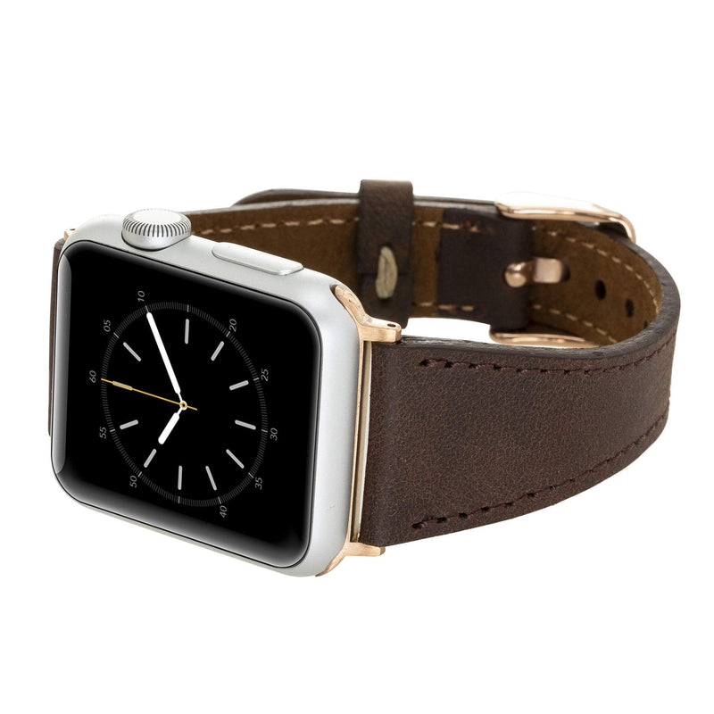 Venito Messina Leather Slim Watch Band Compatible with Apple Watch Ultra 2 / Ultra Series 9 8 7 6 5 4 3 2 1 SE 49mm 45mm 44mm 42mm 41mm 40mm 38mm Tiana Brown w/Rose Gold Connector&Clasp 49mm/45mm/44mm/42mm