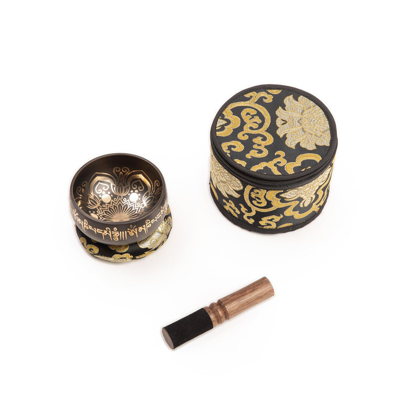Tibetan Singing Bowl Set - 4" Easy To Play Authentic Handmade For Meditation Sound 7 Chakra Healing By HIMALAYAN BAZAAR (Black with Box, 4")