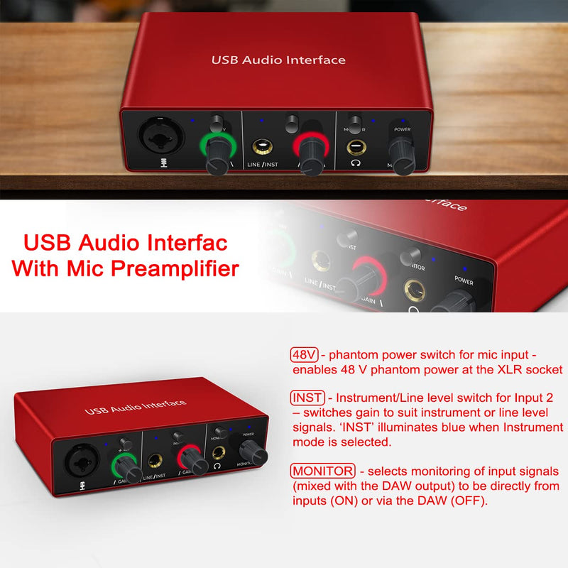 Audio Interface Audio Interface for PC USB Interface mixer recorder with 48V Phantom Power 24 Bit Support Table Mac OS PC Audio Equipments & Music Instruments (No DAW include)