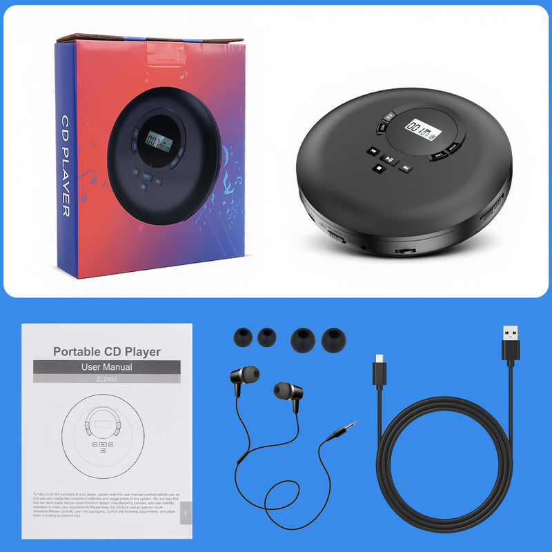 [AUSTRALIA] - Gueray CD Player Portable CD Discman Portable CD Player for Car with Anti-Skip Shockproof Personal CD Player with Headphones LCD Display Support PROG Memory Function Repeat Playback BASS Effet Black 
