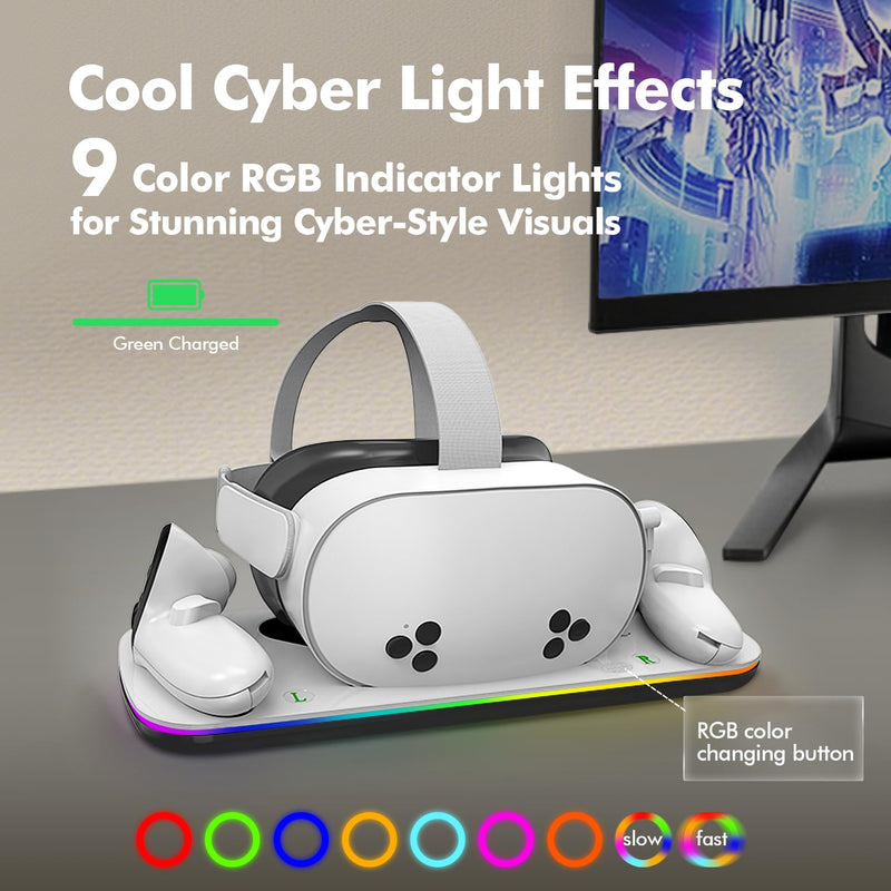 Charging Dock Compatible with Meta Quest 3/3S, Magnetic Fast Charging | Closable 9 RGB Modes, 2 Rechargeable Batteries, With USB-C Cable & Adapter, Compatible with VR Headset Controller Accessories White