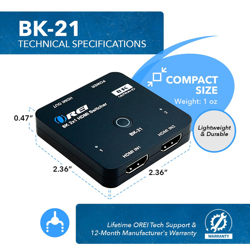 [AUSTRALIA] - OREI 8K 2x1 HDMI Switch 4K @ 120hz, Auto HDMI Selector 48Gbps High Resolution Switch Between 2 Inputs Prefect for Gaming, PS5, Xbox, HDR10, Dolby Vision 8K Switch 